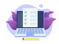 Online exam or testing, E-lerning,  Internet Quiz, Online education concept. Vector illustration.